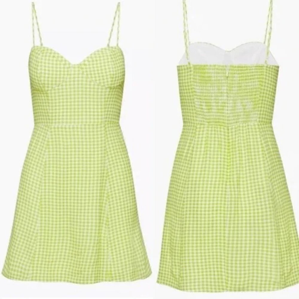 Aritzia Viola Mini Spaghetti-Strap Dress in White and Lime Gingham